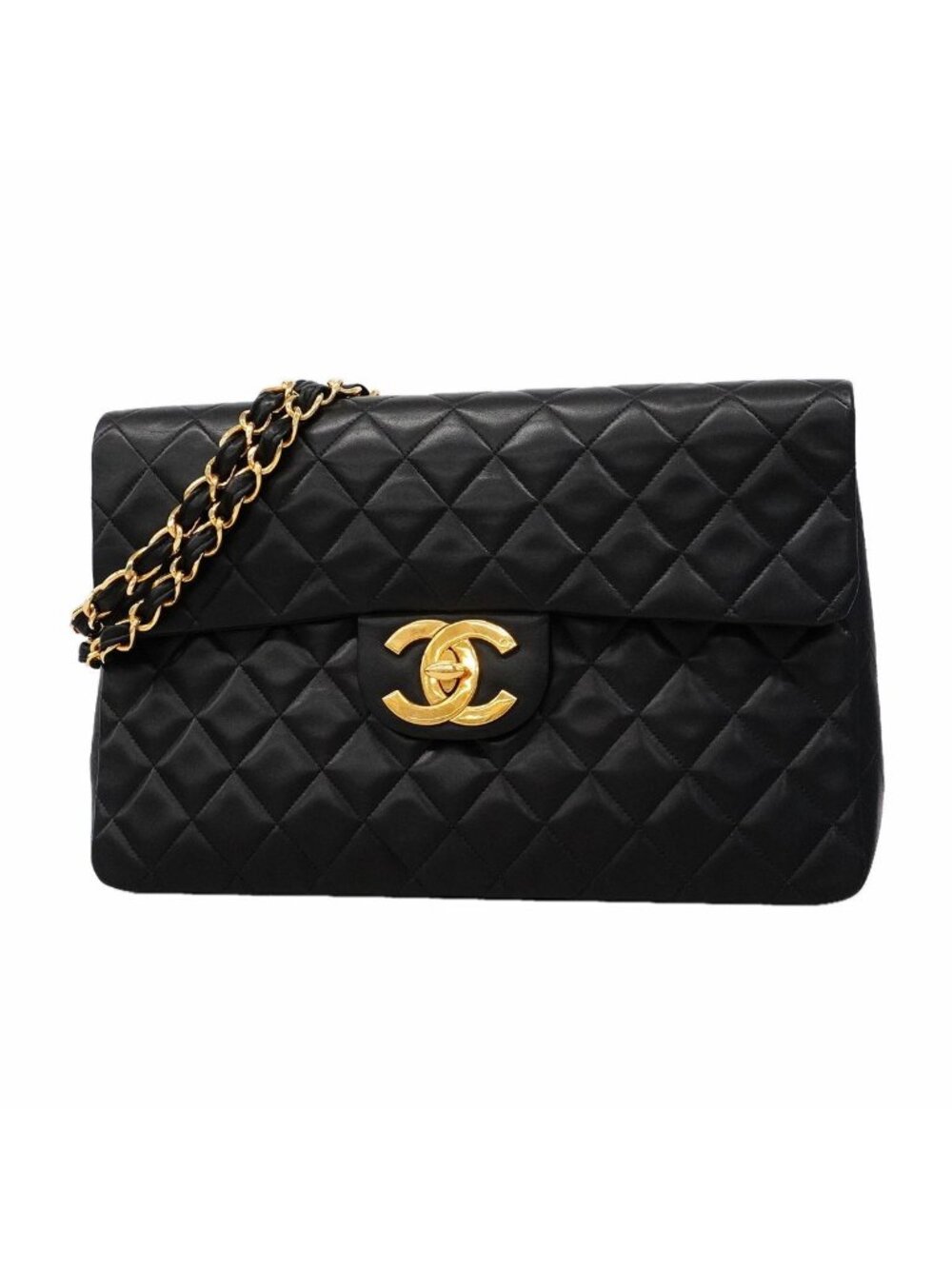 Chanel Shoulder Bag Maxi Quilted Lambskin Black Gold